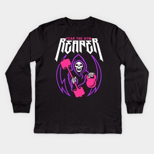 Fear The Gym Reaper (Kettlebell & Barbell) Funny Fitness Pun Kids Long Sleeve T-Shirt